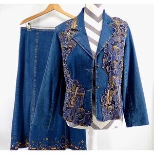 City Girl Embellished Blue Denim Blazer Sz Medium &  Skirt Sz 6 Matched 2 pc Set
